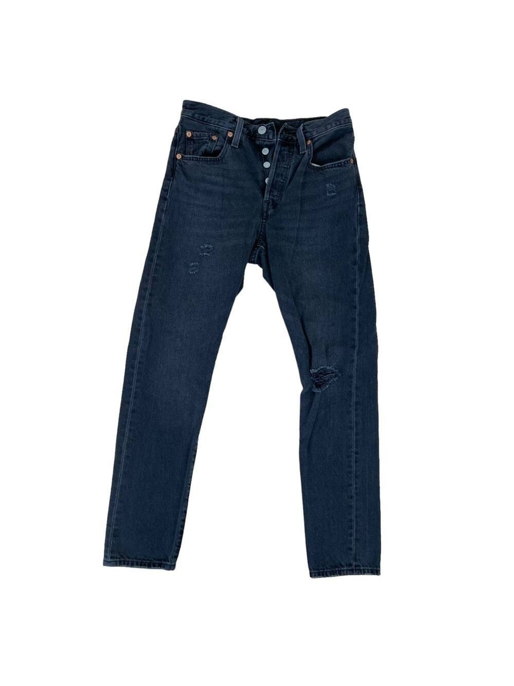 Levis 501 premium jeans black button fly ripped knees high rise waist size 25